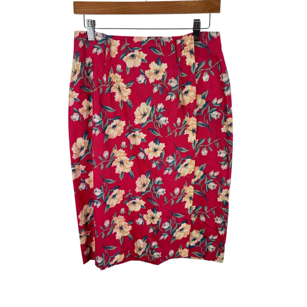 Talbots Vintage Red Floral Linen Cotton Woven Midi Pencil Straight Skirt Size 10